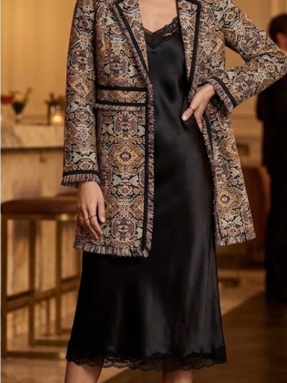 Chico's Paisley Brocade Long Jacket in Gold, Black and Cream